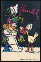 1933-1936 A Gundel Étterem 3 db szilveszteri menükártyája dekoratív címlapokkal, szép állapotban