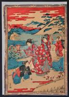 Japán életképek, 2 db, kézzel színezett japán nyomatok, rizspapíron, az egyik szélein gyűrődéssel, sérüléssel, 20x29 cm.