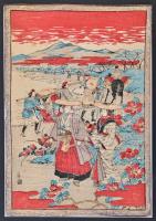 Japán életképek, 2 db, kézzel színezett japán nyomatok, rizspapíron, az egyik szélein gyűrődéssel, s...