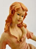 Capodimonte kalapos hölgy libákkal, festett műgyanta, jelzett, kopott, fa talapzaton, m:25 cm