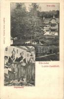 Lubló-fürdő, Kúpele Lubovna; Iris villa, népviselet. Szeiffert Endre kiadása / villa, Upper Hungarian folklore, traditional costume