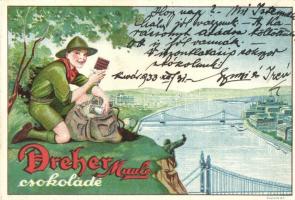 Dreher Maul csokoládé reklámlapja cserkész a Gellért-hegyen / Hungarian chocolate advertisement card with boy scout