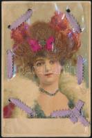 Art Nouveau lady with real life hair and ribbon bow. litho (r)