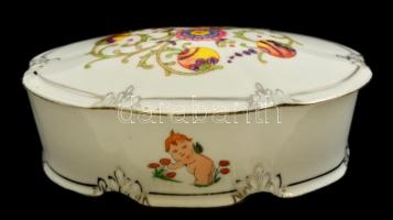 Drasche porcelán puttós-virágmintás bonbonier, kézzel festett, jelzett, hibátlan, 13x9,5x4 cm