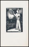 Vadász Endre (1901-1944): Tenisz ex libris (Rudolf Ernő), fameszet, papír, jelzett, 4,5×3 cm