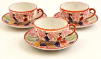 Kínai porcelán csésze és alj, 3-3 db, kézzel színezett, jelzett, hibátlan, d: 6 és 9,5 cm