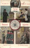 Humoros osztrák-magyar katonai időjelző: Az őrségen eső - Kedvesemnél napsugár - Rapportnál zivatar - Az áristomban borzalom - Szabadságon szép az idő / WWI K.u.K. military clock, humour (fa)