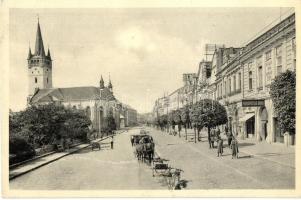 Eperjes, Presov; Ulica Andreja Hlinku, Podkarpatská Banka / utcakép, Kárpátaljai Bank, templom, lovaskocsi / street view, bank, church, horse-drawn carriage (ragasztónyom / glue mark)