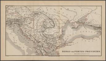 1885 Donau- und Pontus-Provinzen, a Római Birodalom Duna és Fekete-tenger vidéki provinciáinak térképe, rajta a Kárpát-Medencével, Mommsen Római történelem c. könyvéből, Berlin, Weidmannsche Buchhandlung-ny., 17x32 cm.