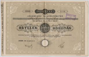 Arad 1910. Arad Megyei Takarékpénztár névre szóló részvénye 1000K-ról, felülbélyegzéssel, szárazpecséttel T:III