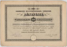 Turdossin 1909. Gombgyár Részvénytársaság Turdossin névre szóló 100K, szárazpecséttel, szelvényekkel T:II- szakadások