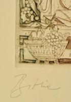 Kass János (1927-2010): Lakoma. Színezett rézkarc, papír, jelzett, üdvözlő sorokkal, 39x29,5 cm