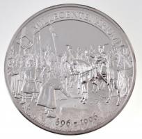 Bognár György (1944-) 1996. "Honfoglalás Millecentenárium" nagyalakú vastag Ag emlékérem, peremén "844" sorszámmal, tanúsítvánnyal, eredeti, sérült dísztokban (1000g/0.999/100mm) T:PP felületi karc  Hungary 1996. "1100th Anniversary of the Hungarian Conquest" piefort pure Ag medallion with serial number "844" on the edge, with certificate, in original, damaged box. Sign.: György Bognár (1000g/0.999/100mm) C:PP slightly scratched