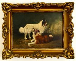 Jakubetz jelzéssel: Kutyák, olaj, falemez, fa keretben, 24×34 cm