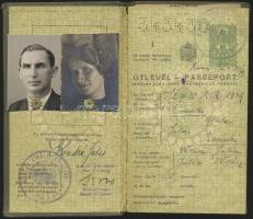 1939 A Magyar Királyság által házaspár számára kiállított fényképes útlevél, sok pecséttel / Hungarian passport