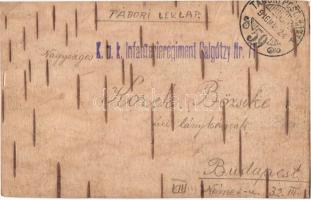 1916 Tábori postai levelezőlap nyírfakéregből / WWI K.u.K. Feldpostkarte made of birch bark + K.u.K. Infanterieregiment Galgótzy Nr. 71. (lyuk / hole)