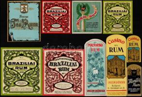 cca 1930-1950 10 db magyar rum címke, köztük Portoriko, Legfinomabb Brazíliai Rum, Manilla Rum, 8x4 és 14x12 cm közti méretben