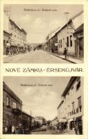 Érsekújvár, Nové Zámky; Stefánikova ulica / Stefánik utca, Bujarek, Travnicek üzletei, drogéria (gyógyszertár) / street view, shops, pharmacy