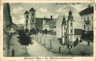 Gyöngyös, Fő tér a Szent Bertalan templommal, a templom az 1917-es nagy tűzvész előtt. Özv. Koczián Elemérné kiadása (b)