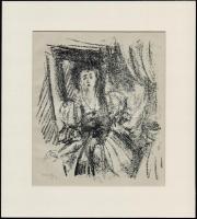Márffy Ödön (1878-1959): Hölgy az ajtónál, litográfia, papír, utólag jelzett, paszpartuban, 21×17,5 cm