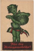 Für die Kriegsanleihe! / WWI Austro-Hungarian war loan propaganda. artist signed (8 cm x 12 cm minicard)
