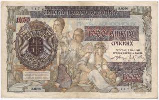 Szerbia / Német megszállás 1941. 1000D (500D-os bankjegyre nyomva) T:III Serbia / German occupation 1941. 1000 Dinara (printed on 500 Dinara banknote) C:F