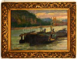 Olvashatatlan jelzéssel: Kikötött hajók a rakpartnál. Olaj, vászon, keretben, 37×51 cm