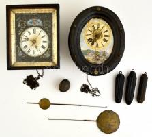 XIX. sz. eleji, XVIII. sz. végi ingajáratos, felesütős faliórák erősen javítandó állapotban. Egyik számlapján festett lovas jelenettel 27x23 cm, 25x20 cm / Vintage clock mechanics for parts