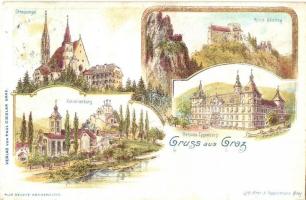 1899 Graz, Strassengel, Kalvarienberg, Ruine Gösting, Schloss Eggenberg. Verlag Paul Cieslar / pilgrimage, sanctuary, castle ruins, castle. A. Pappermann Art Nouveau litho (EK)