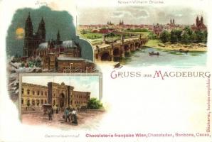 Magdeburg, Dom, Kaiser-Wilhelm Brücke, Centralbahnhof / cathedral, bridge, railway station. Art Nouveau litho