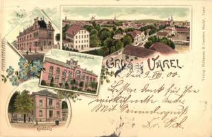 Varel, Post, Landwirtschaftsschule, Rathaus / post office, agricultural school, town hall. Bültmann & Gerriets floral Art Nouveau litho (EK)