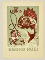 Gustav Mootse (1885-1957): Ex libris Georg Rusi (horgászat). Színes linó, papír, jelzett a linón, 9×6 cm