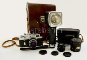 Zorki-4K fényképezőgép Industar-61 l/d 2,8/53 mm objektívvel, Industar-50 3,5/50 mm objektívvel, FIL-105 vakuval, eredeti bőr tokkal és hordtáskával