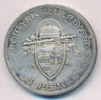 1938. 5P Ag "Szent István" T:1-,2 patina 
Adamo P8.1