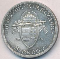 1938. 5P Ag "Szent István" T:2 patina, ph. 
Adamo P8.1
