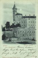 1899 Innsbruck, Schloss Amras. Verlag von Josef Stiegler / castle + Innsbruck Bahnhof stamp (EK)