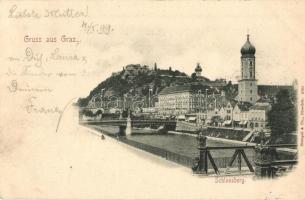 1899 Graz, Schlossberg / castle hill + Graz Bahnhof stamp