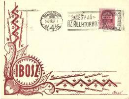 6 db régi Bozó művészlap, IBOSZ reklámlap alkalmi bélyegzésekkel (Nyaraljon Csillaghegyen, Légy jó a...