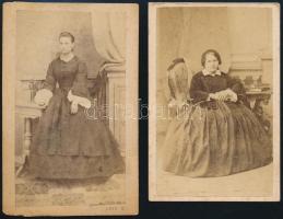 cca 1861 Női divat, 2 db vizitkártya méretű fénykép, 9,5x5 cm és 10x6,5 cm