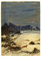 Baky Albert (1868-1944): Róka a havas tájban, olaj, karton, jelzett, 32×23 cm