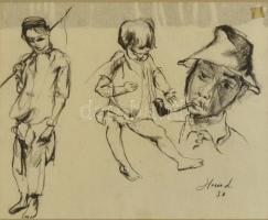 Holló László (1887-1976): Tanulmányrajzok, szén, papír, jelzett, paszpartuban, üvegezett fa keretben, 22,5×27 cm