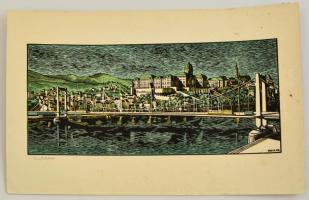 Varga jelzéssel: Erzsébet híd, színes linó, papír, jelzett a linón, 21,5×49 cm