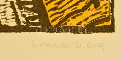 Somlai Vilma (1938-2007): Kék lámpa, színes linó, papír, jelzett, számozott (15/100), 39×30 cm