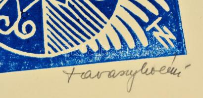 Tavaszy Noémi (1927-): Két tyúkom tavali..., linó, papír, jelzett, számozott (77/100), 42,5×56 cm