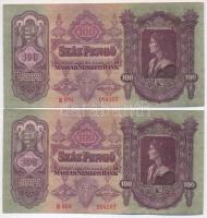 1930. 100P (8x) 4db sorszámkövető pár T:II egyik bankjegyen szakadás