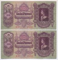 1930. 100P (8x) 4db sorszámkövető pár T:II egyik bankjegyen szakadás