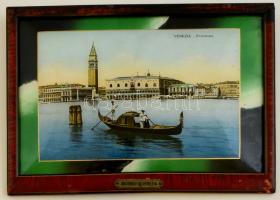 Ricordo di Venezia, gyöngyházfényű üveg szuvenír, fa keretben, 19,5×28,5 cm