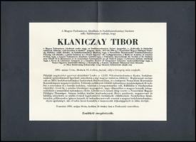 1992 Klaniczay Tibor (1923-1992) Kossuth-díjas irodalomtörténész, MTA tag halálozási értesítője.