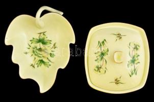 Hollóházi bonbonier, matricás jelzett, apró kopásokkal, 11×10×5 cm + Hollóházi tálka, matricás, jelz...