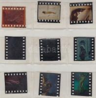 cca 1973 Színes egyéniségek, szolidan erotikus felvételek, 9 db vintage diapozitív és negatív, 24x36 mm